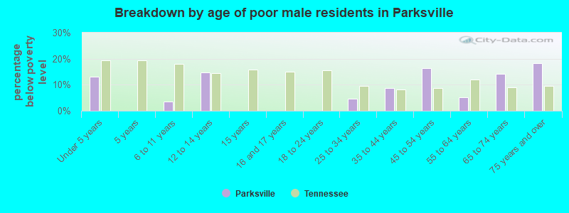 Breakdown by age of poor male residents in Parksville