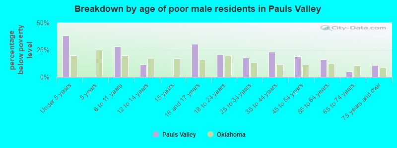 Breakdown by age of poor male residents in Pauls Valley