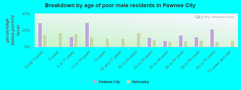 Breakdown by age of poor male residents in Pawnee City