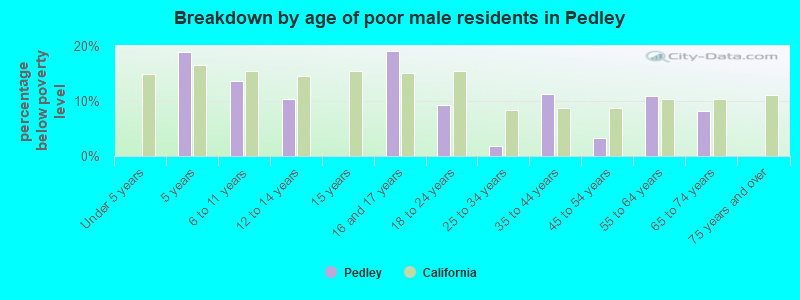 Breakdown by age of poor male residents in Pedley