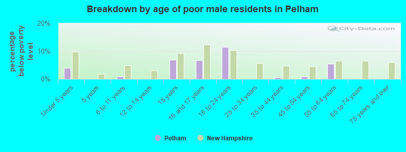Breakdown by age of poor male residents in Pelham