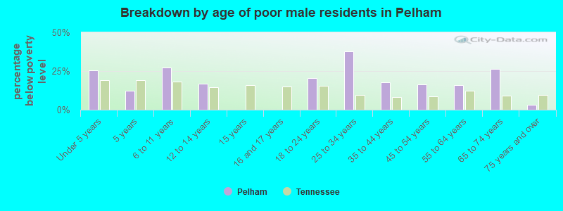 Breakdown by age of poor male residents in Pelham