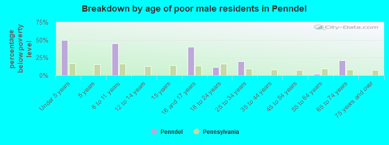 Breakdown by age of poor male residents in Penndel