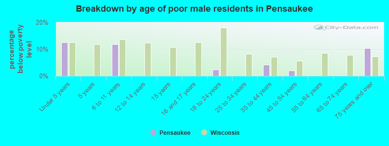 Breakdown by age of poor male residents in Pensaukee