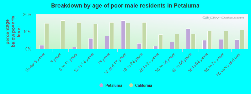 Breakdown by age of poor male residents in Petaluma