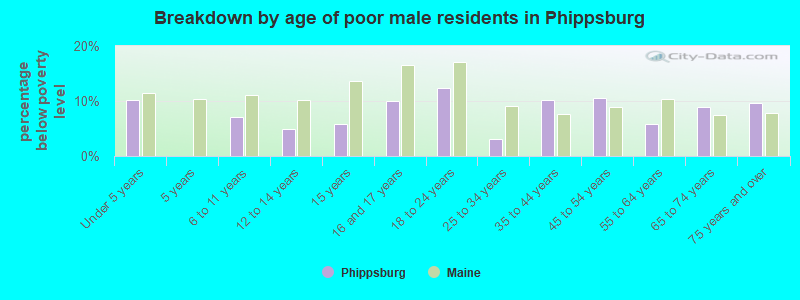 Breakdown by age of poor male residents in Phippsburg