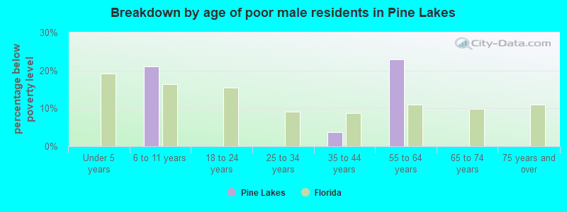 Breakdown by age of poor male residents in Pine Lakes