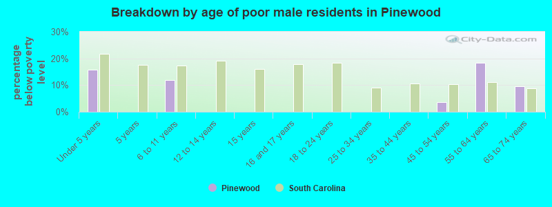 Breakdown by age of poor male residents in Pinewood
