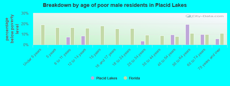 Breakdown by age of poor male residents in Placid Lakes