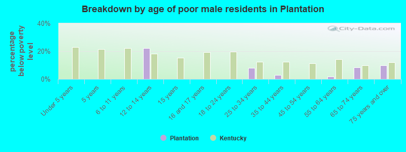 Breakdown by age of poor male residents in Plantation
