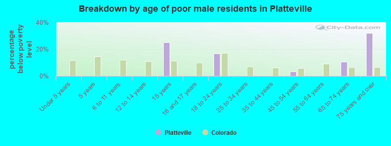 Breakdown by age of poor male residents in Platteville