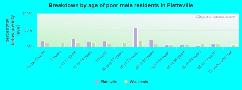 Breakdown by age of poor male residents in Platteville