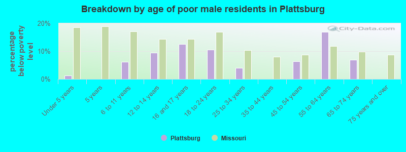 Breakdown by age of poor male residents in Plattsburg