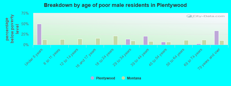Breakdown by age of poor male residents in Plentywood