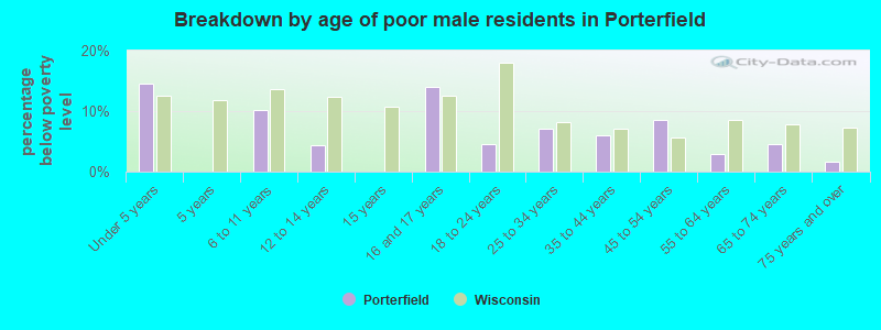 Breakdown by age of poor male residents in Porterfield
