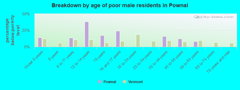 Breakdown by age of poor male residents in Pownal