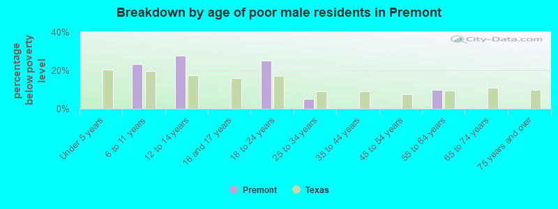 Breakdown by age of poor male residents in Premont