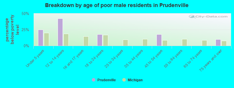Breakdown by age of poor male residents in Prudenville