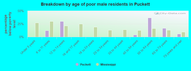 Breakdown by age of poor male residents in Puckett