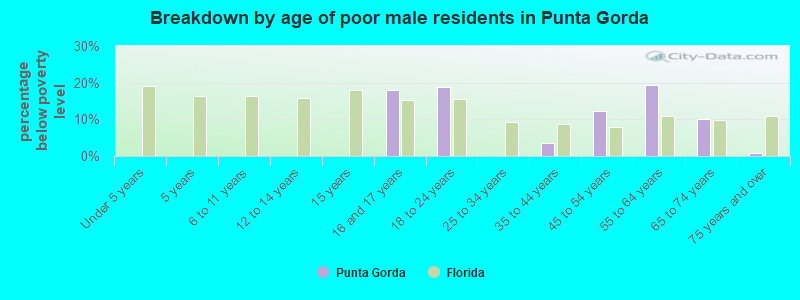 Breakdown by age of poor male residents in Punta Gorda