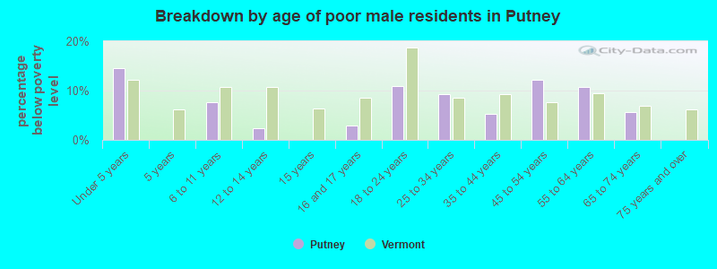 Breakdown by age of poor male residents in Putney