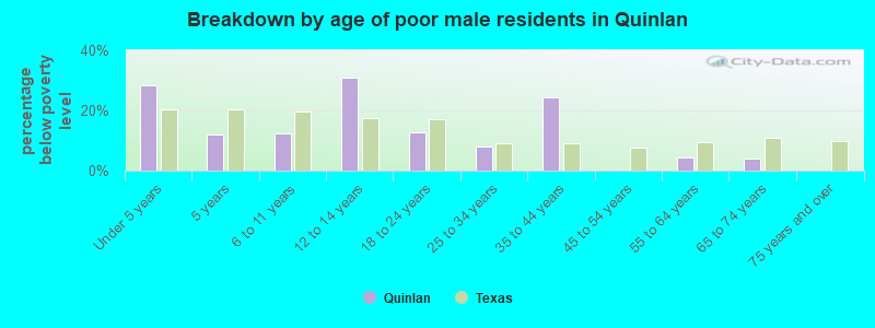 Breakdown by age of poor male residents in Quinlan