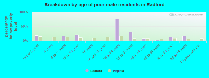 Breakdown by age of poor male residents in Radford
