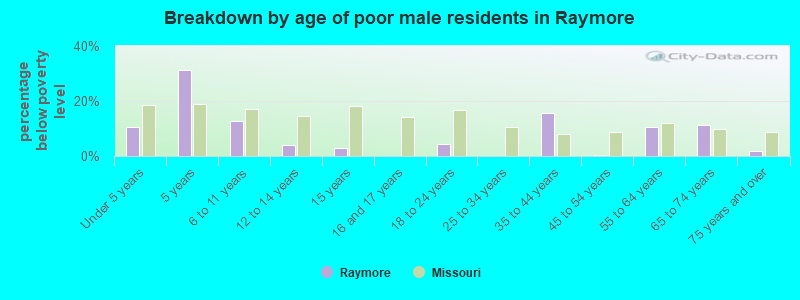 Breakdown by age of poor male residents in Raymore