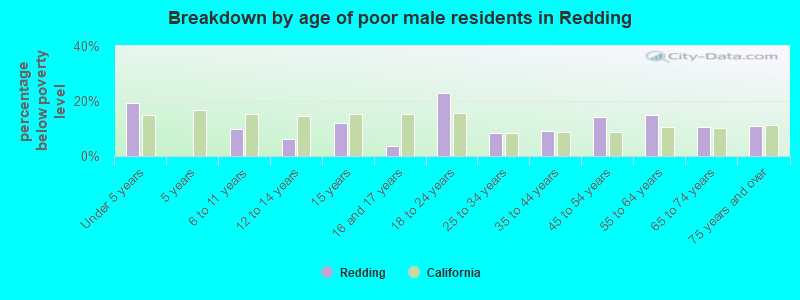 Breakdown by age of poor male residents in Redding