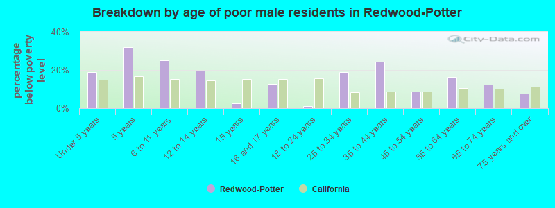 Breakdown by age of poor male residents in Redwood-Potter