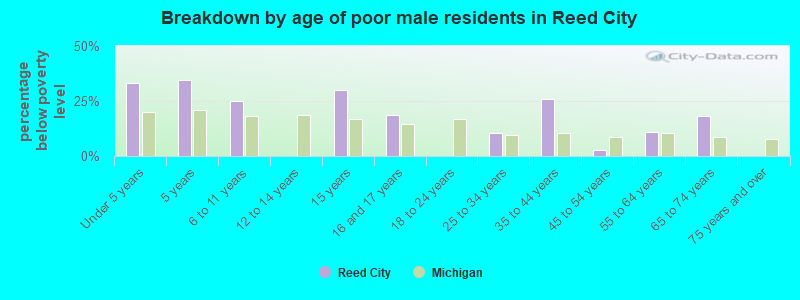 Breakdown by age of poor male residents in Reed City