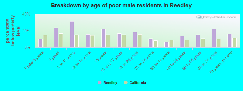 Breakdown by age of poor male residents in Reedley