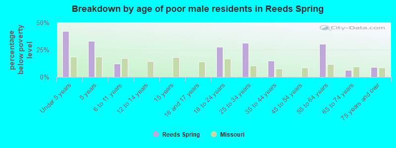 Breakdown by age of poor male residents in Reeds Spring