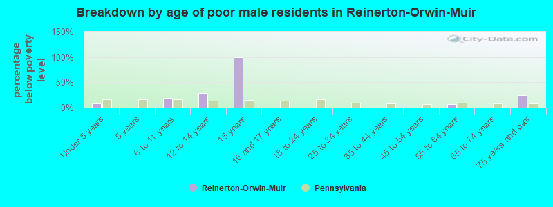 Breakdown by age of poor male residents in Reinerton-Orwin-Muir