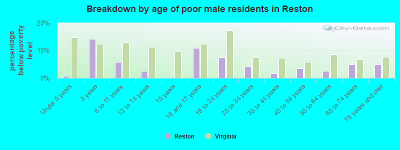 Breakdown by age of poor male residents in Reston