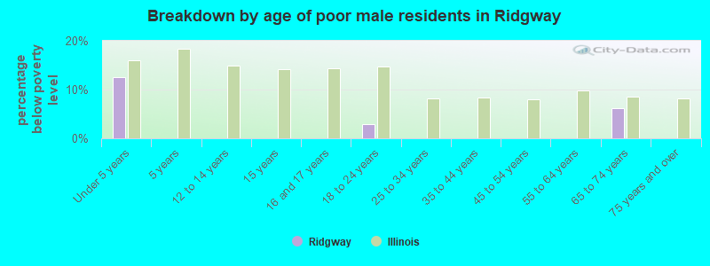 Breakdown by age of poor male residents in Ridgway