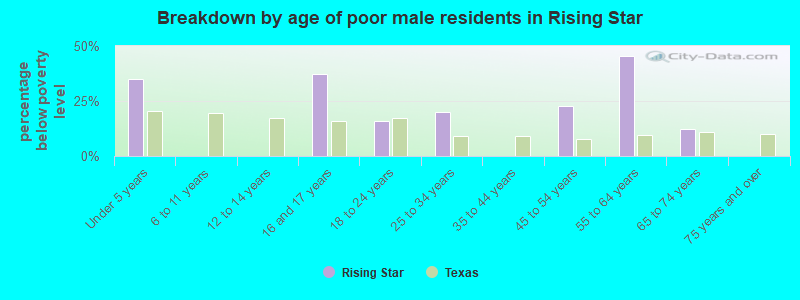 Breakdown by age of poor male residents in Rising Star