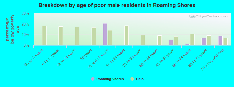 Breakdown by age of poor male residents in Roaming Shores