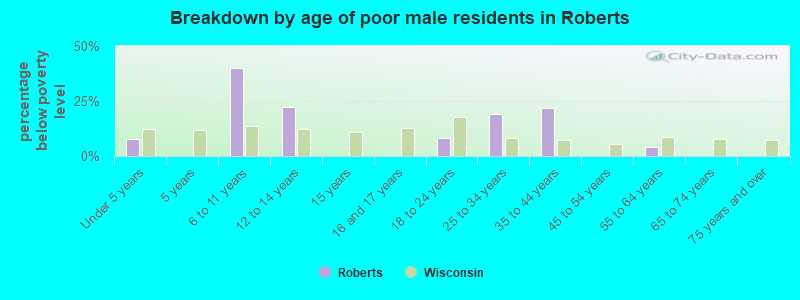 Breakdown by age of poor male residents in Roberts