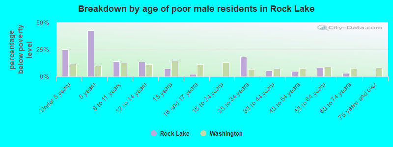 Breakdown by age of poor male residents in Rock Lake