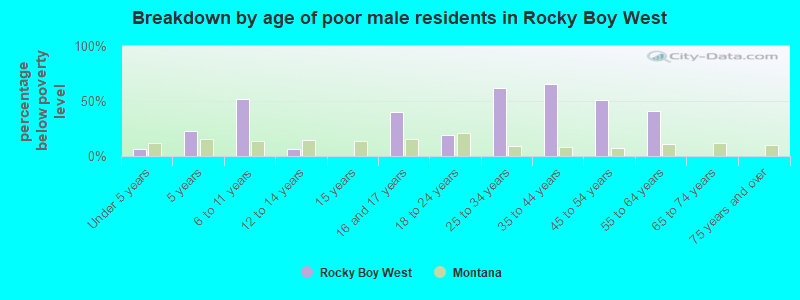 Breakdown by age of poor male residents in Rocky Boy West