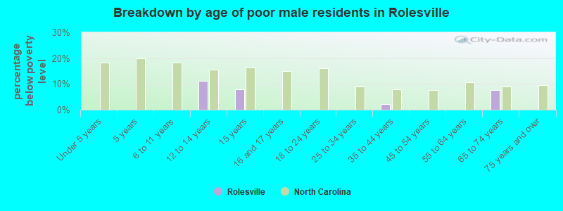 Breakdown by age of poor male residents in Rolesville