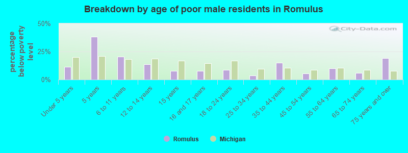 Breakdown by age of poor male residents in Romulus