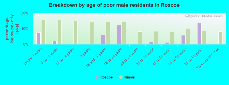 Breakdown by age of poor male residents in Roscoe