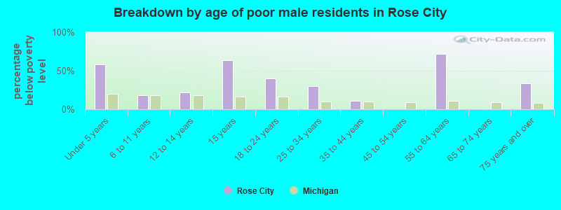 Breakdown by age of poor male residents in Rose City
