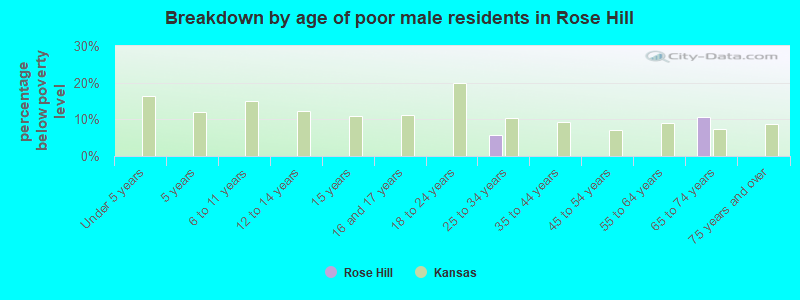 Breakdown by age of poor male residents in Rose Hill
