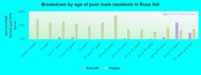 Breakdown by age of poor male residents in Rose Hill