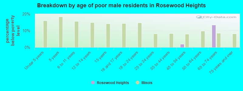 Breakdown by age of poor male residents in Rosewood Heights