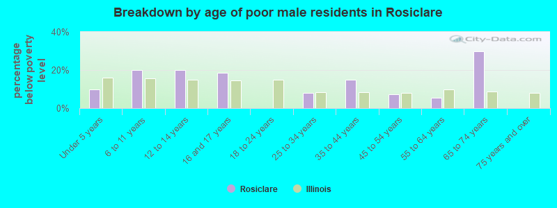Breakdown by age of poor male residents in Rosiclare
