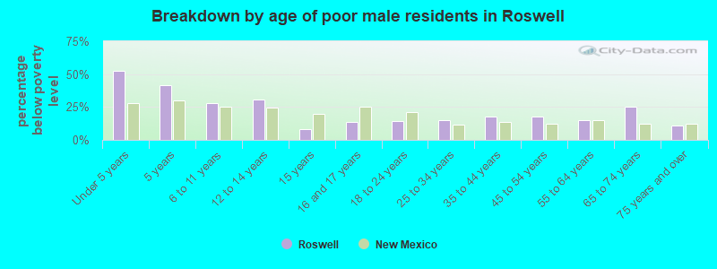 Breakdown by age of poor male residents in Roswell